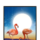 Close-up of pink flamingos beneath a glowing moon on the center seascape panel
