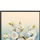 Close-up of white blossoms and a brown branch on the center panel against a cream-to-teal damask ground