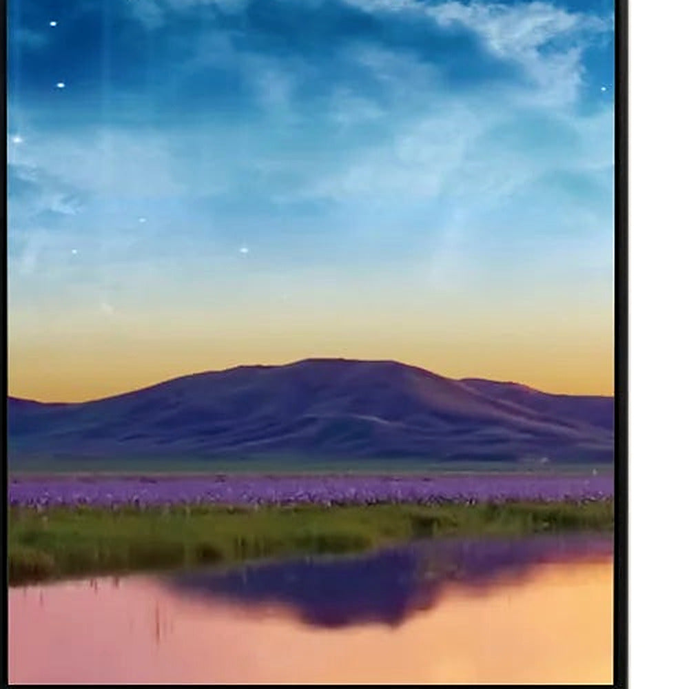 Detail of purple hills and reflective water on the left flamingo seascape panel