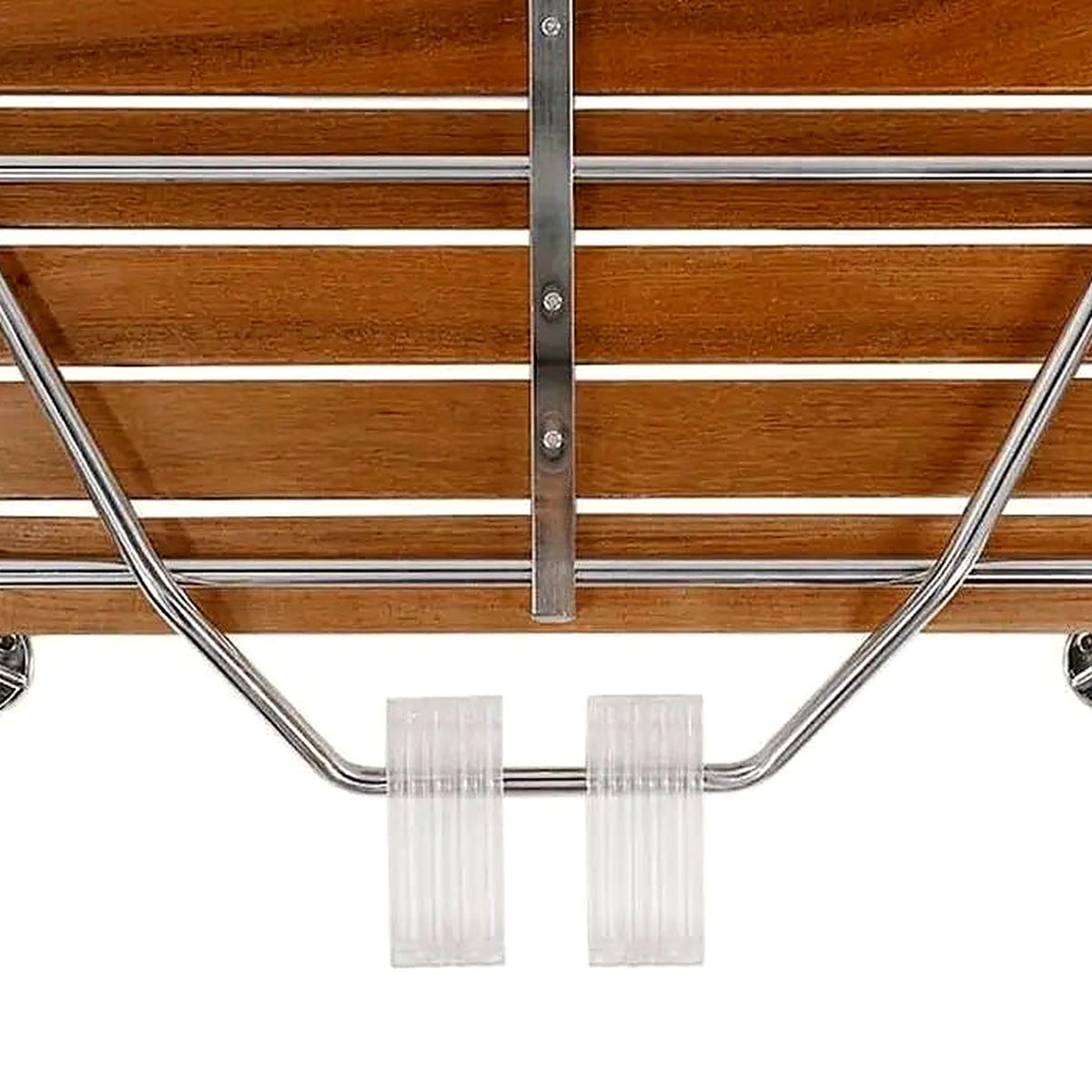 Detail of the folding chrome support mechanism under the teak seat