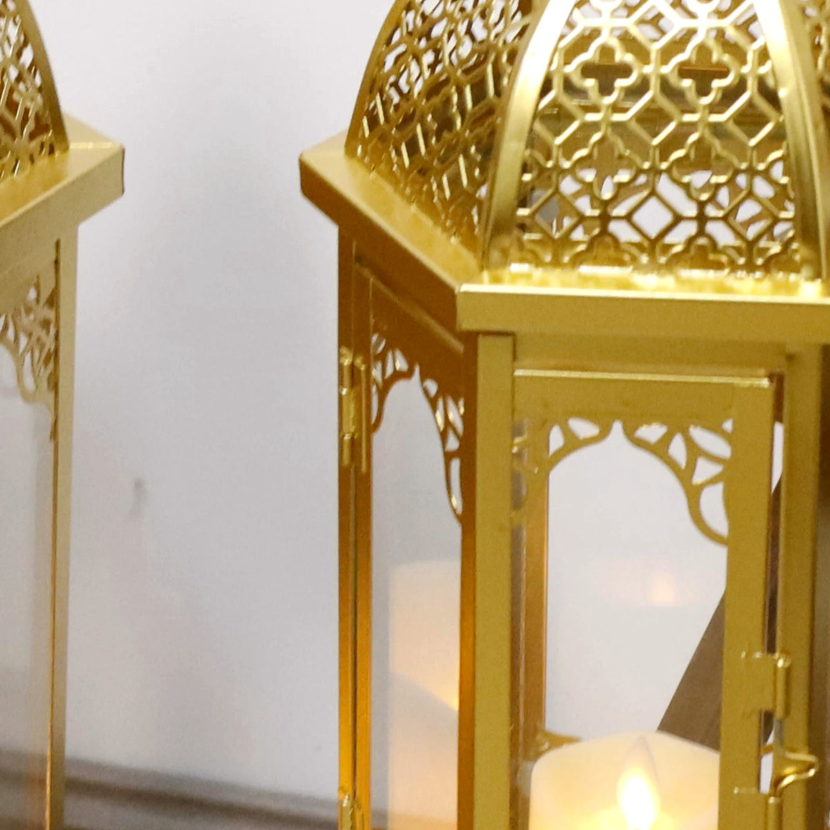 Detail of the gold Moroccan lantern glass panels and filigree frame (candle not included)