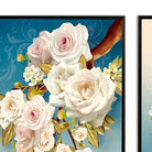 Detail of creamy white roses with gold-toned leaves on the left blossom branch panel
