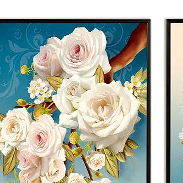Detail of creamy white roses with gold-toned leaves on the left blossom branch panel