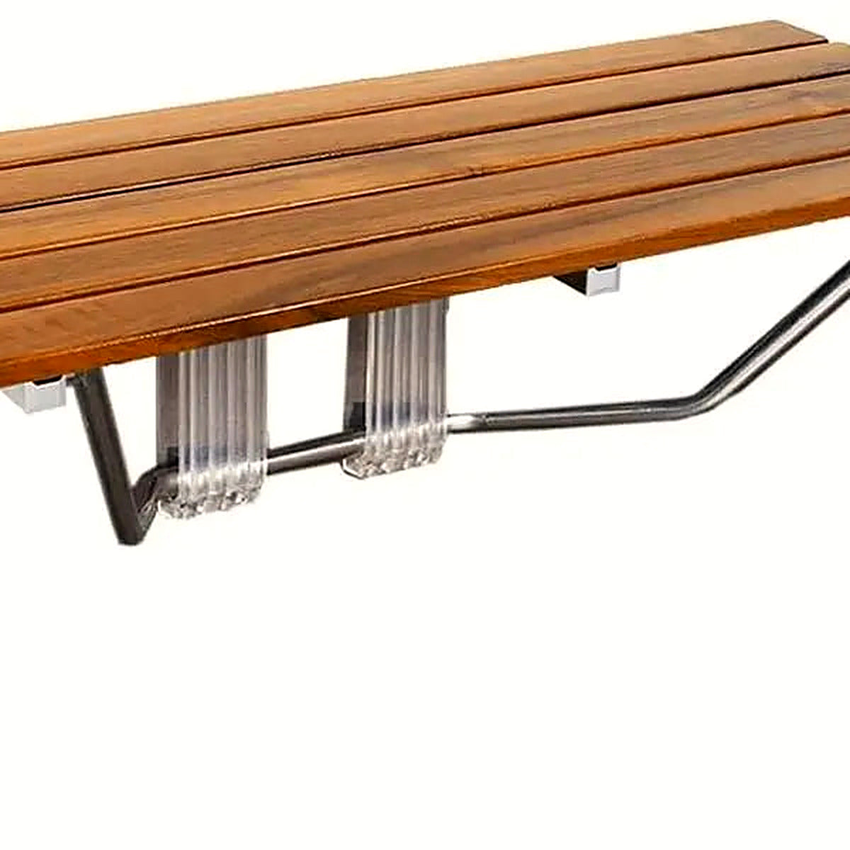 Close-up of the warm teak grain on the slatted seat