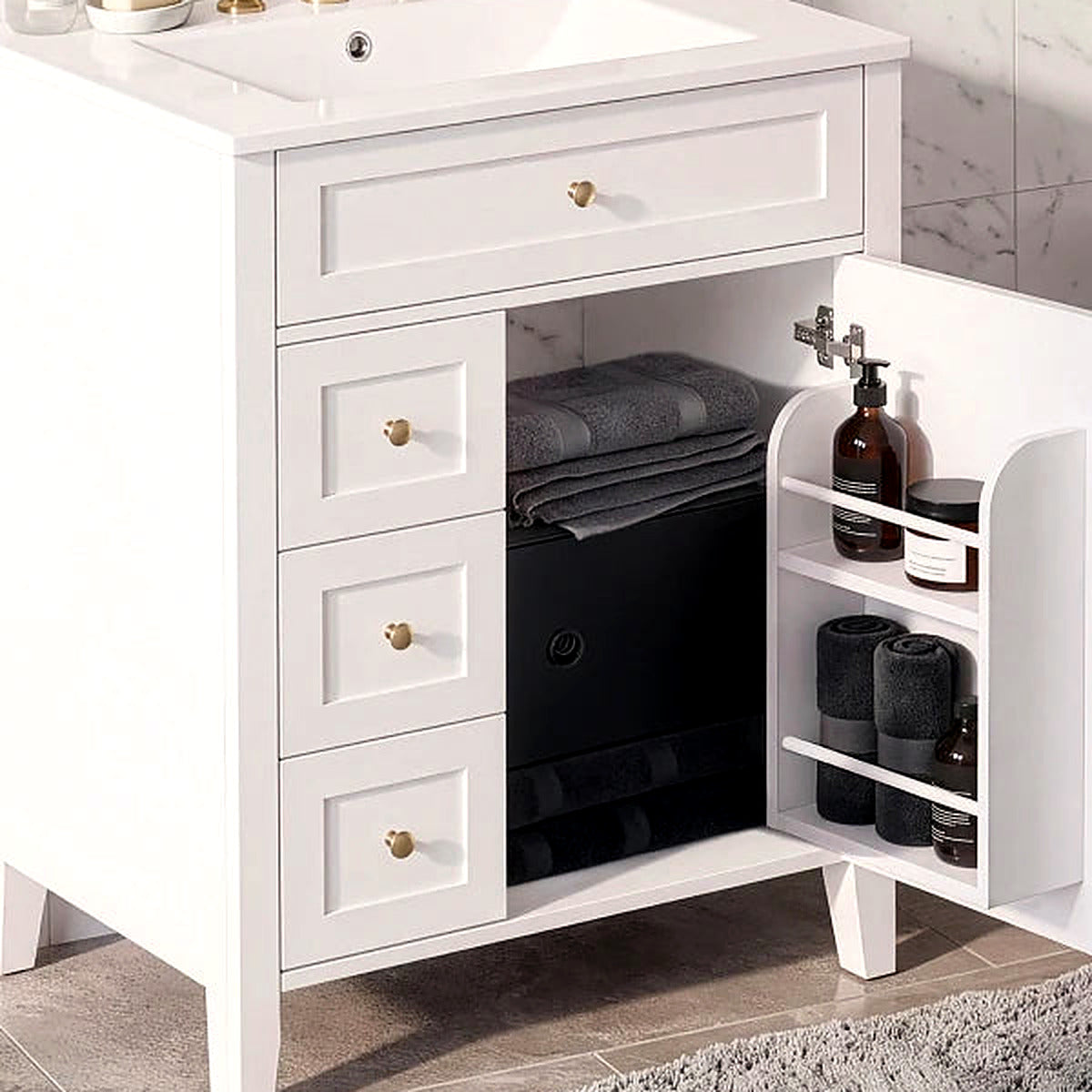 Close-up of the open cabinet with door-mounted shelves
