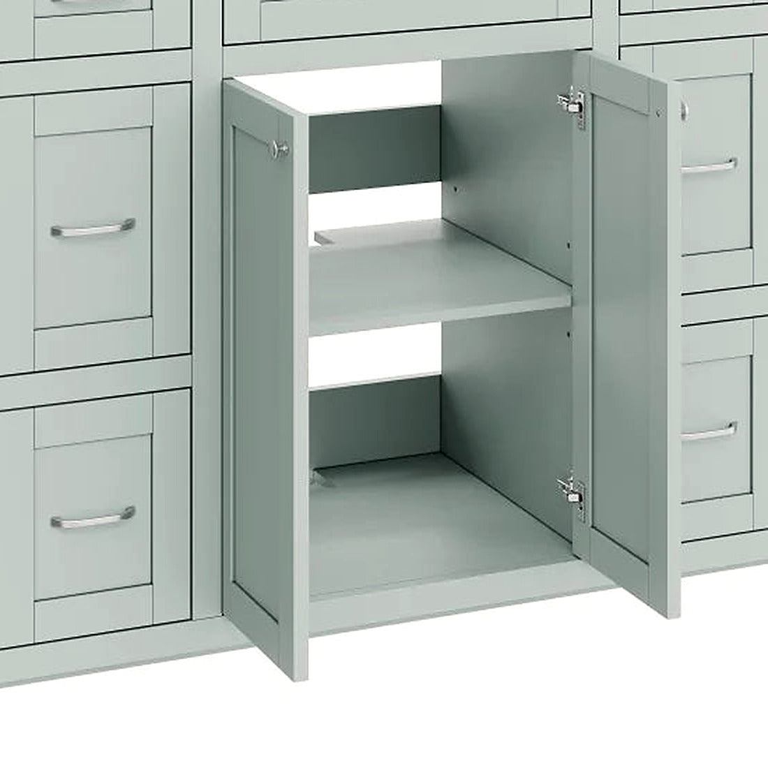 Close-up of the open mint green cabinet interior and shelf