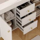 Close-up of the open drawer and cabinet storage inside the vanity