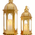 Close-up of the gold Moroccan lantern set of two showing hexagonal glass sides (candles not included)