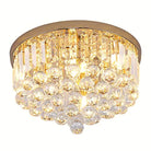 Gold crystal drum flush mount light, 10 in, illuminated on a clean white backdrop