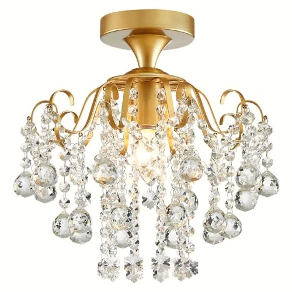 Gold crystal flush mount ceiling light, 13.4 in, illuminated on a clean white backdrop