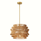 Hand-woven three-tier pendant light, 17.3 in, with gold downrod on a clean white backdrop