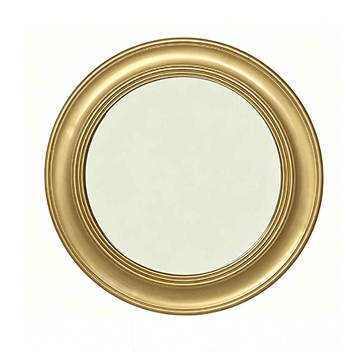 Brushed gold round wall mirror, 26 in, with a thick stepped frame on a clean white backdrop