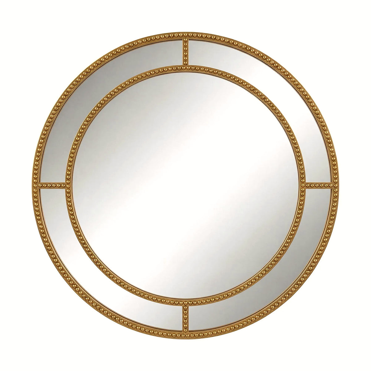 Round gold beaded wall mirror, 28 in, with nested double frame on a clean white backdrop