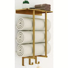 Brushed gold wall towel rack with shelf and hooks, 20 in (towels and plant shown for styling)
