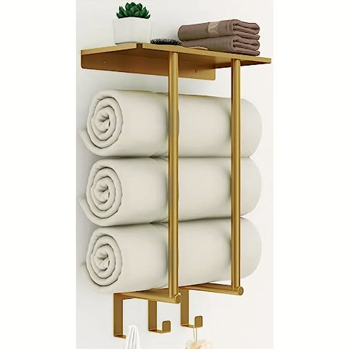 Brushed gold wall towel rack with shelf and hooks, 20 in (towels and plant shown for styling)