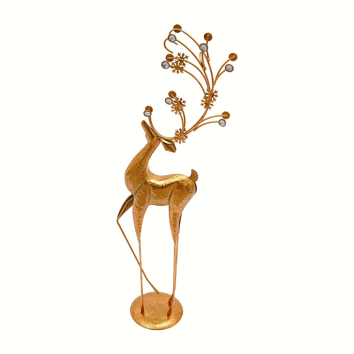 Gold metal deer sculpture with faux crystal accents on the antlers, 33.5 in, on a clean white backdrop