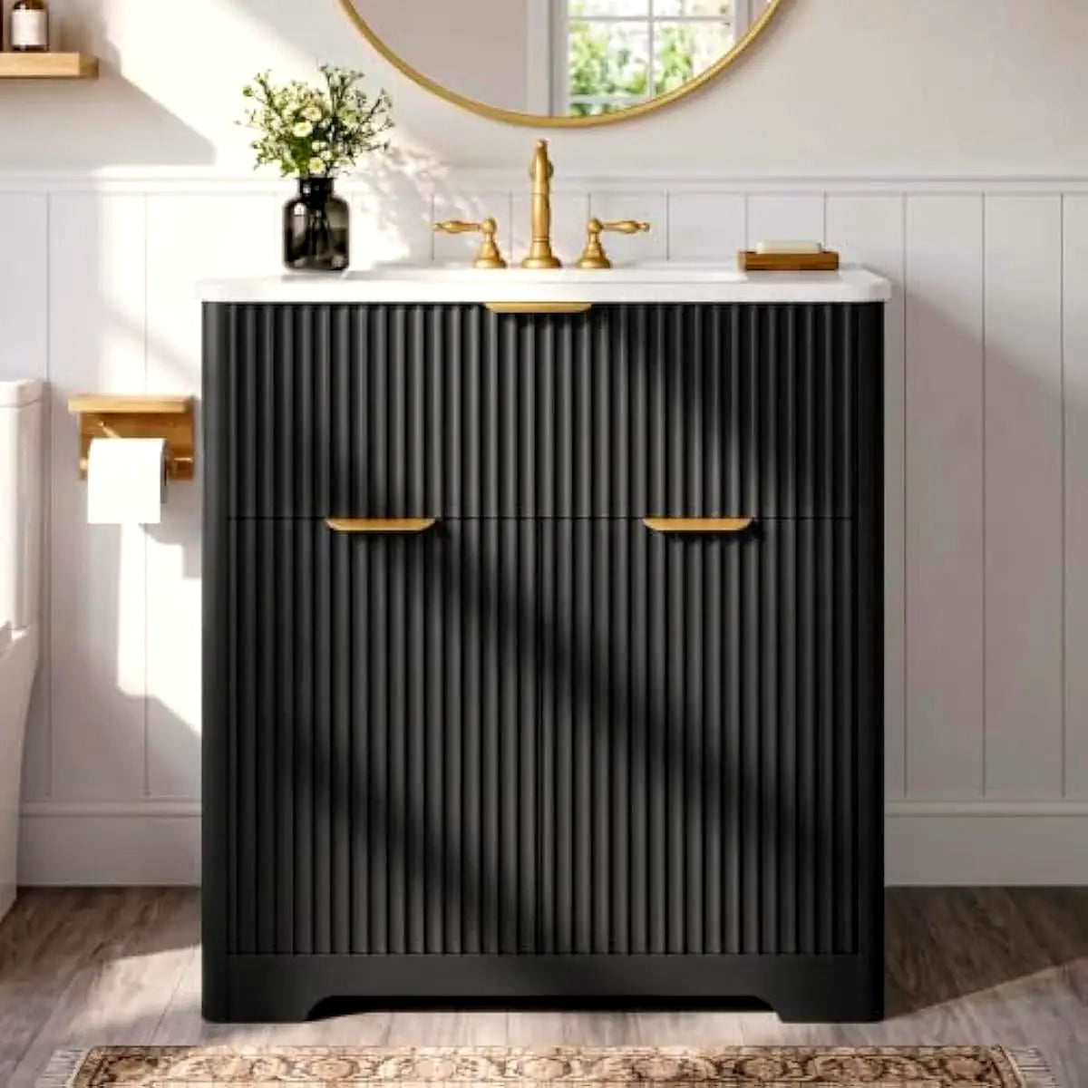 Black fluted bathroom vanity with ceramic sink, 30 in, and brushed gold bar pulls (faucet and mirror shown for styling)