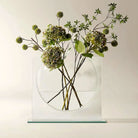 Clear glass ellipse vase in a rectangular glass frame with green hydrangea stems (stems shown for styling)