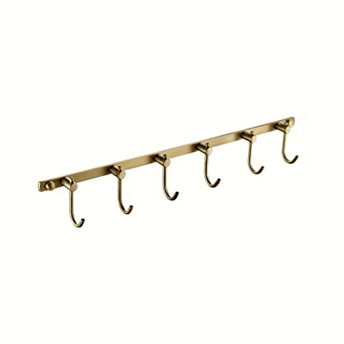 Brushed brass six-hook towel rail, 16 in, on a clean white backdrop