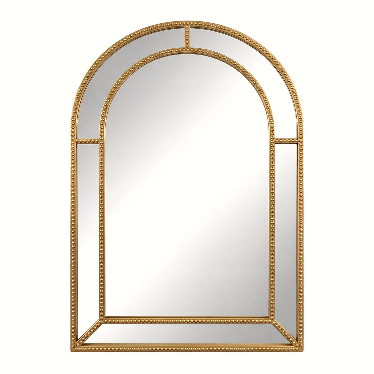 Gold beaded arched wall mirror, 36 x 24 in, with nested arch frame on a clean white backdrop