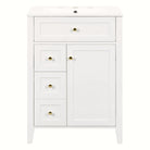 White bathroom vanity with gold hardware and ceramic sink, 24 in, on a clean white backdrop
