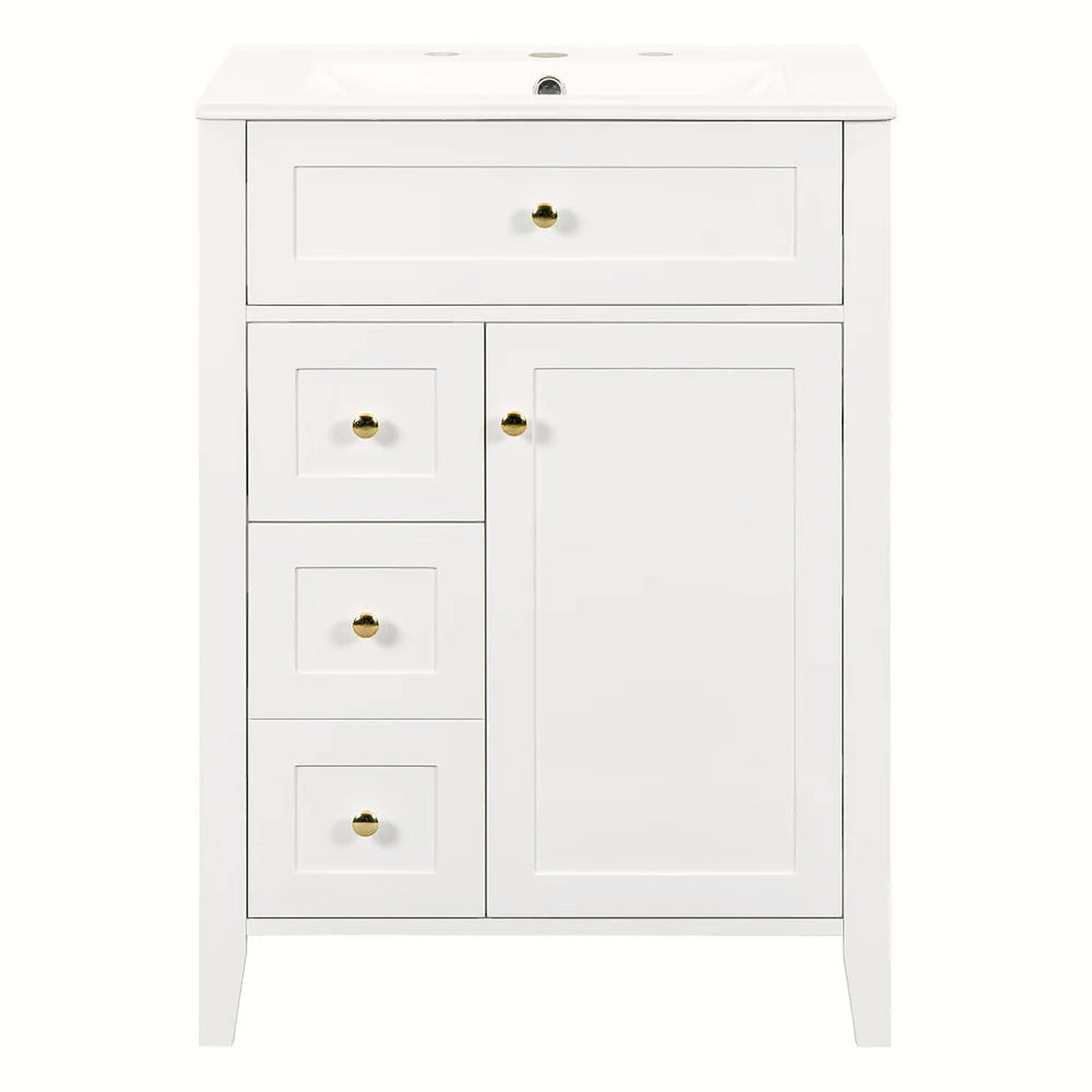 White bathroom vanity with gold hardware and ceramic sink, 24 in, on a clean white backdrop