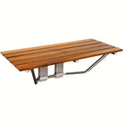 Foldable teak shower bench, 36 in, with chrome supports on a clean white backdrop