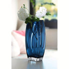 Heavy blue-teal art glass vase, 10.25 in, with white blooms on a bright table (flowers and décor shown for styling)
