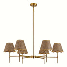 Six-light gold chandelier with woven scalloped shades, 37 in, on a clean white backdrop