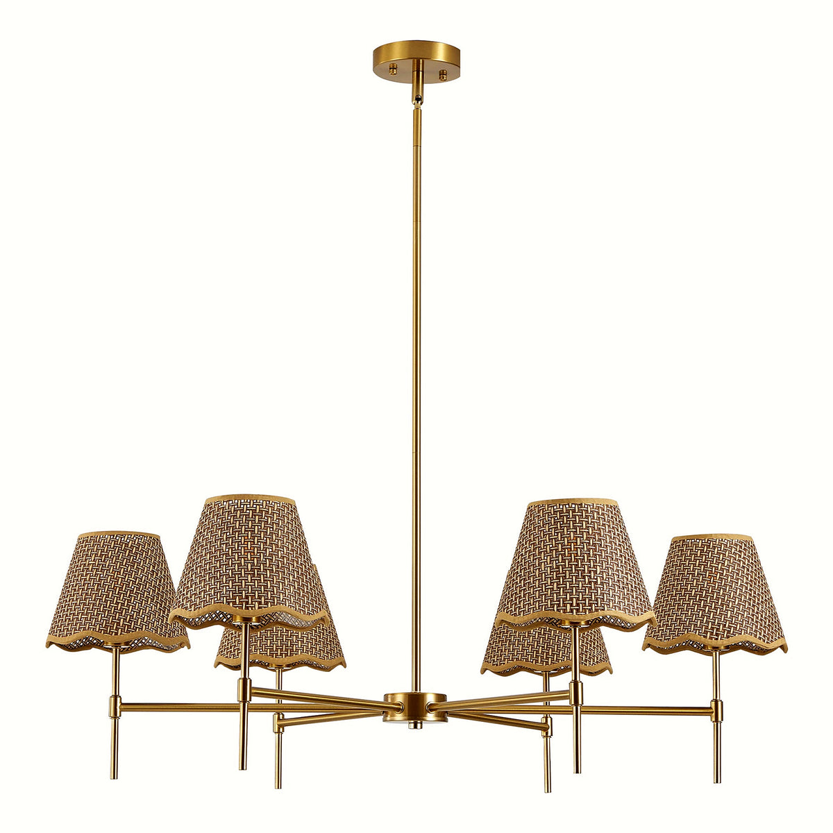 Six-light gold chandelier with woven scalloped shades, 37 in, on a clean white backdrop