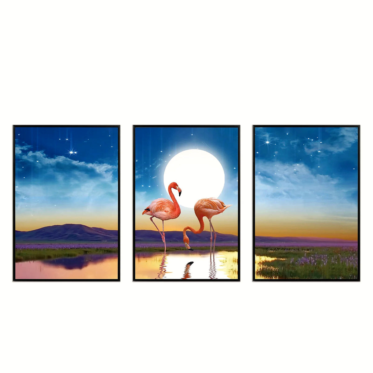 Flamingo seascape framed wall art, set of three panels, shown side by side on a clean white backdrop