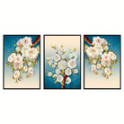 White blossom branch framed wall art, set of three panels, shown side by side on a clean white backdrop