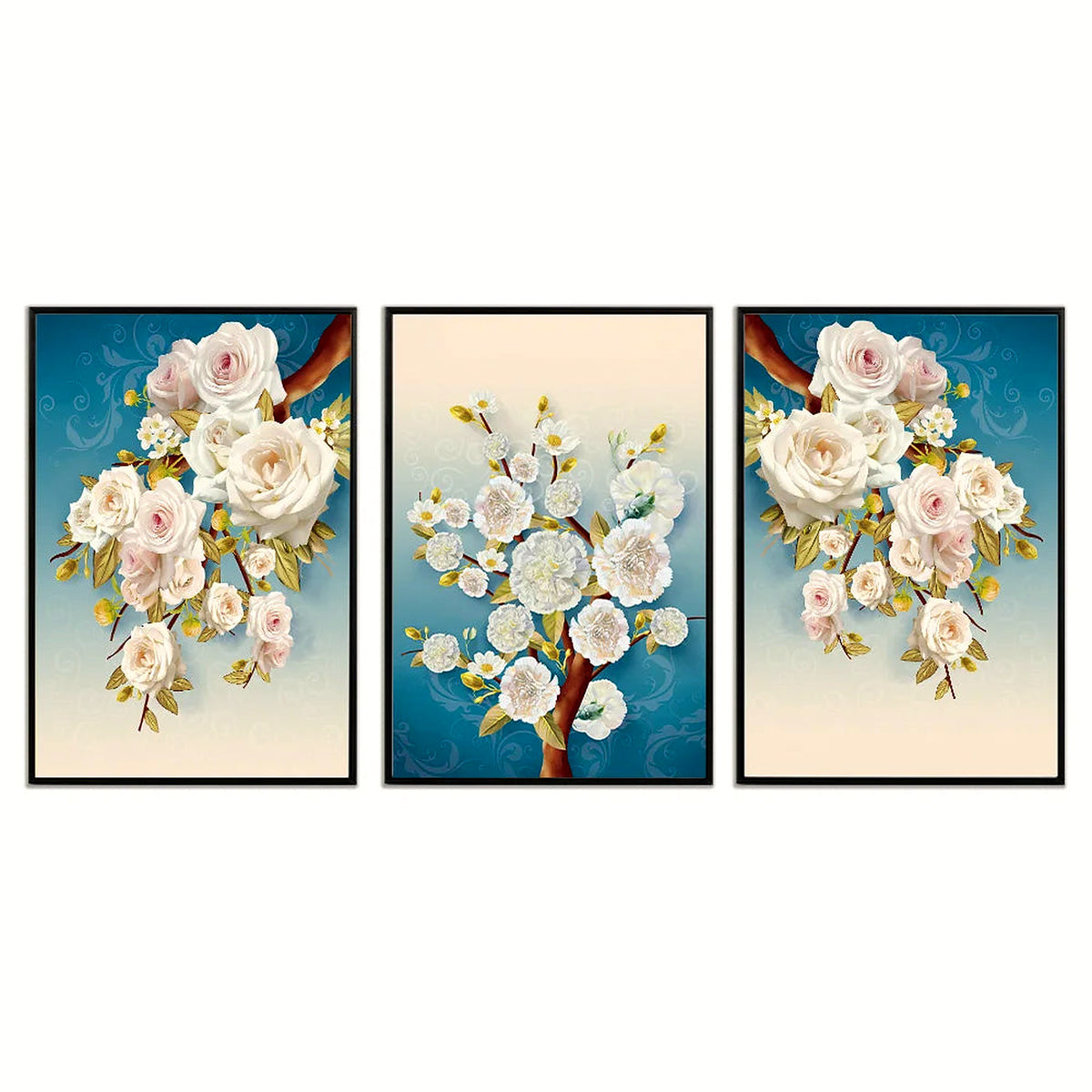 White blossom branch framed wall art, set of three panels, shown side by side on a clean white backdrop