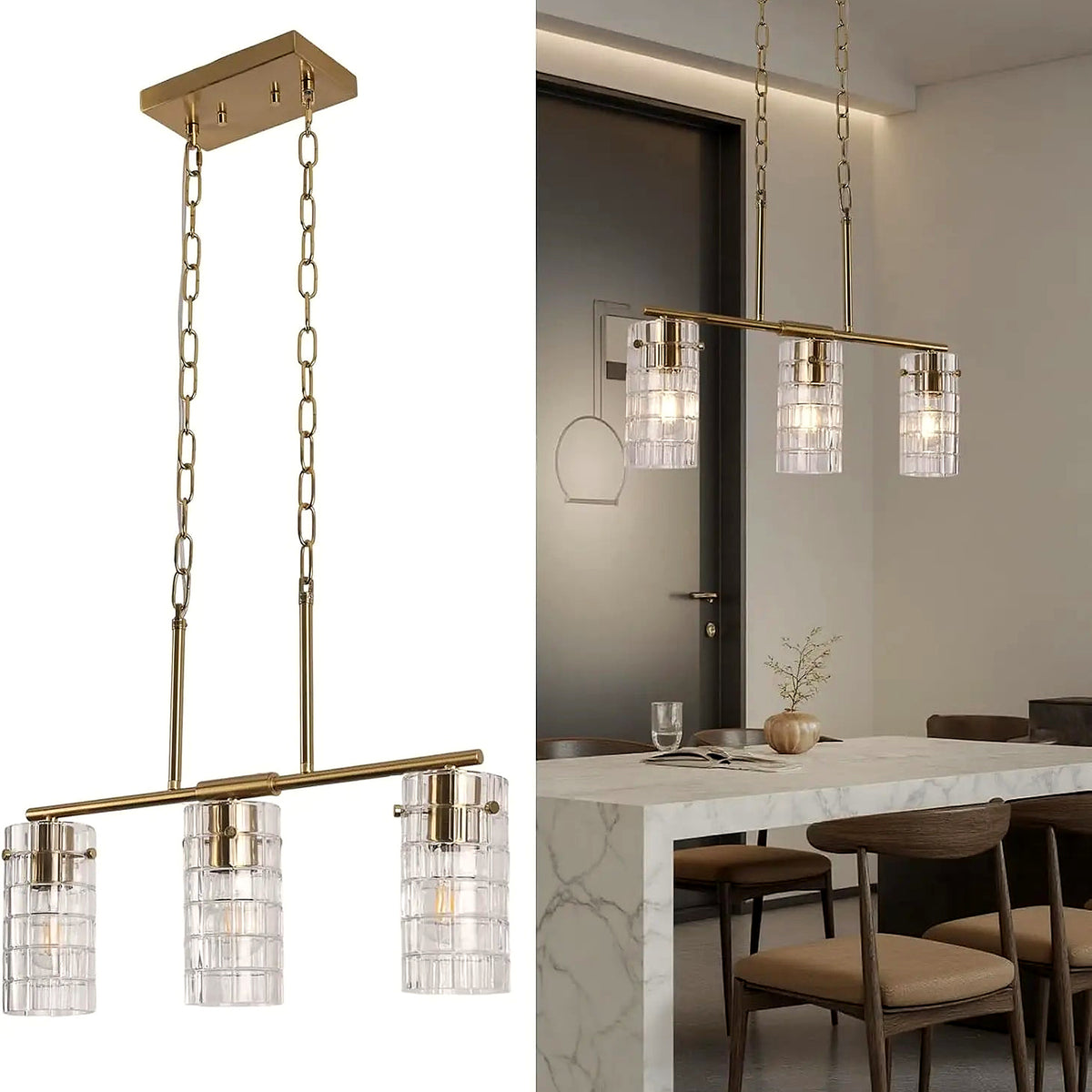 Brass three-light linear pendant with clear textured glass shades on a clean white backdrop