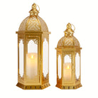 Gold Moroccan candle lanterns, set of 2 (22 and 17 in), on a clean white backdrop (candles not included)
