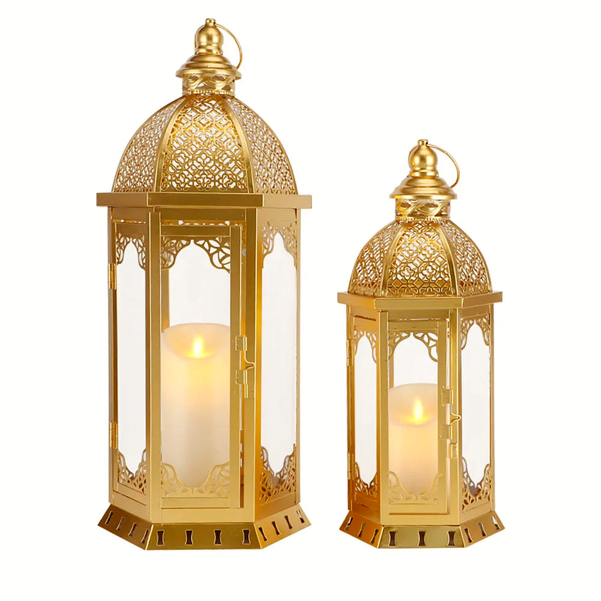 Gold Moroccan candle lanterns, set of 2 (22 and 17 in), on a clean white backdrop (candles not included)