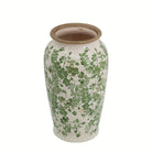 White and green floral ceramic vase, 11.6 in, with crackle glaze and a natural tan rim on a clean white backdrop
