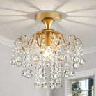 Gold crystal flush mount ceiling light casting a radial glow on the ceiling (room shown for styling)