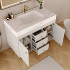 White 36 in vanity with doors and drawers open to show storage (faucet shown for styling)