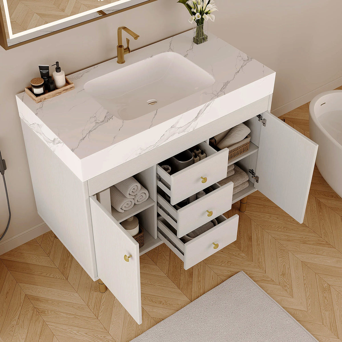 White 36 in vanity with doors and drawers open to show storage (faucet shown for styling)