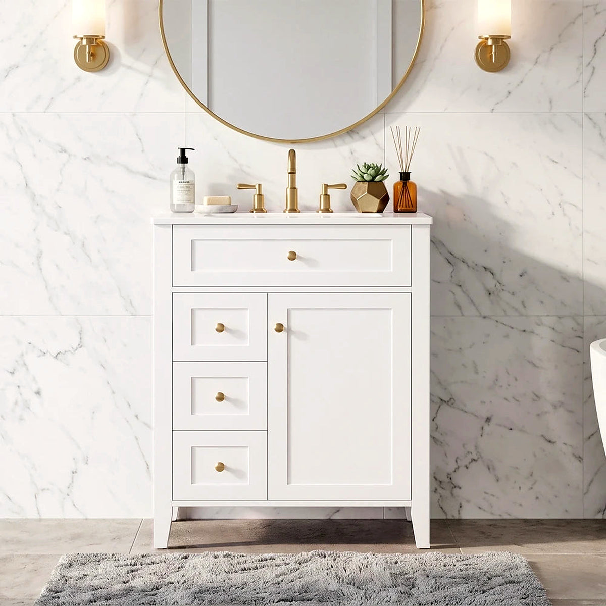 White 24 in vanity with gold knobs in a bathroom setting (faucet and mirror shown for styling)