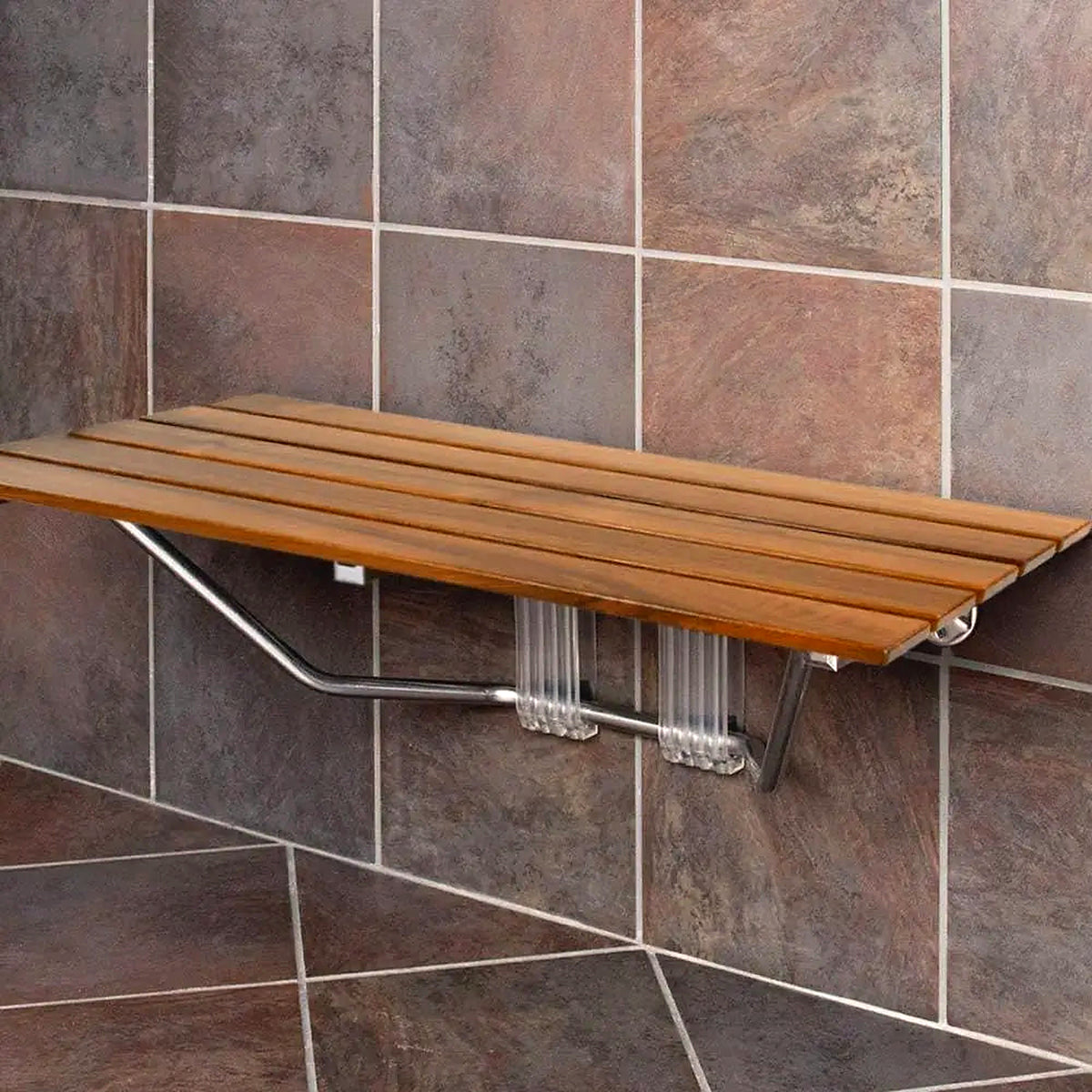Teak fold-down shower bench mounted on stone tile (tile shown for styling)