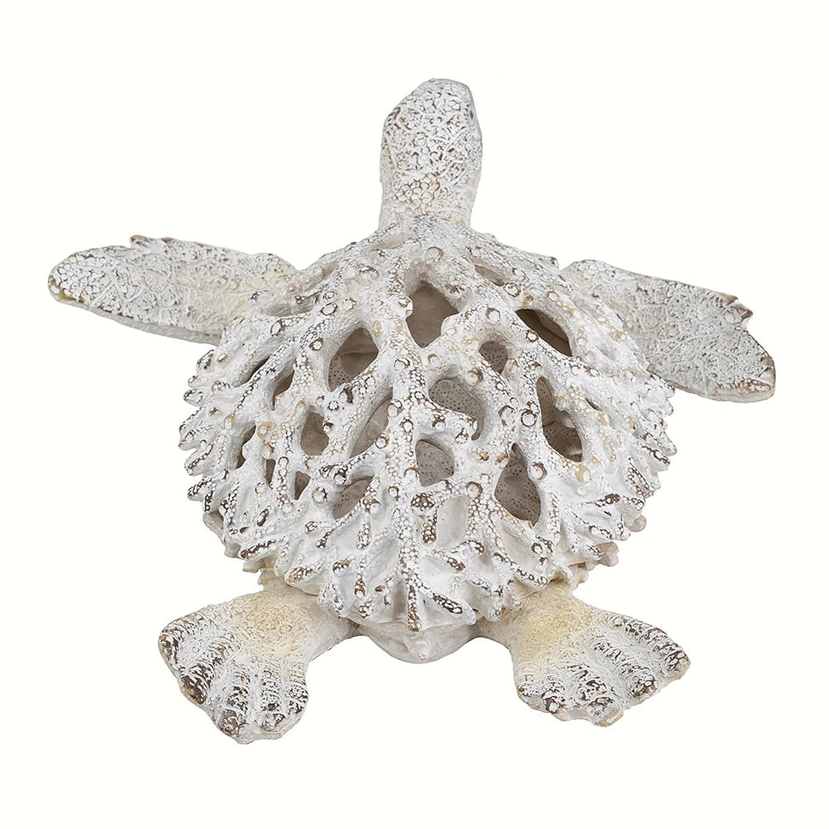 Top view of the openwork coral-pattern shell on the white sea turtle sculpture