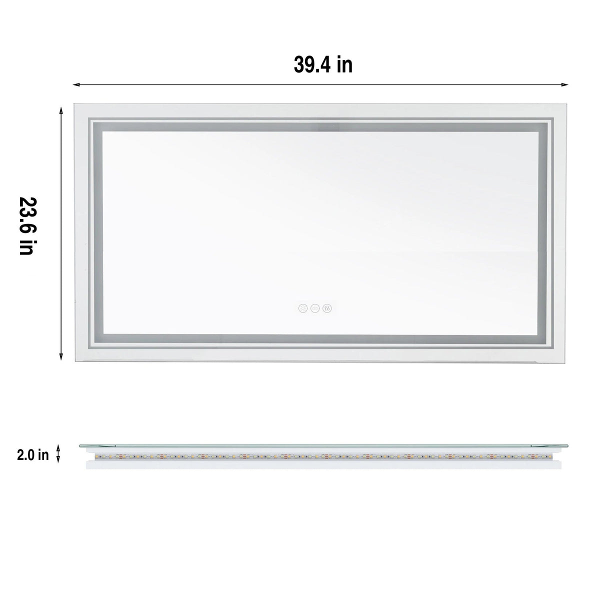 LED bathroom mirror size diagram, 39.4 x 23.6 in
