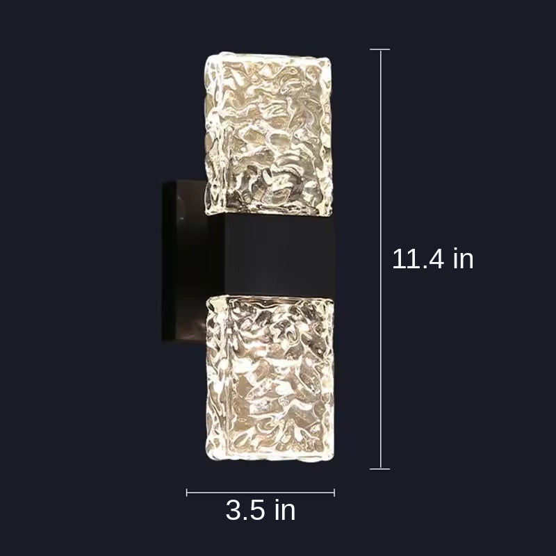 Textured ripple glass LED wall sconce, Style 3, black frame, with dimension labels