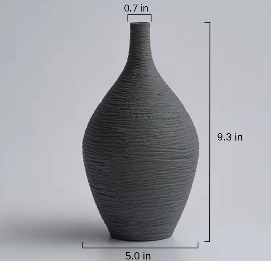 Large grey textured ceramic bud vase with size labels in inches