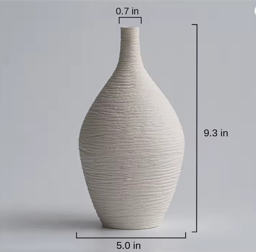 Large beige textured ceramic bud vase with size labels in inches