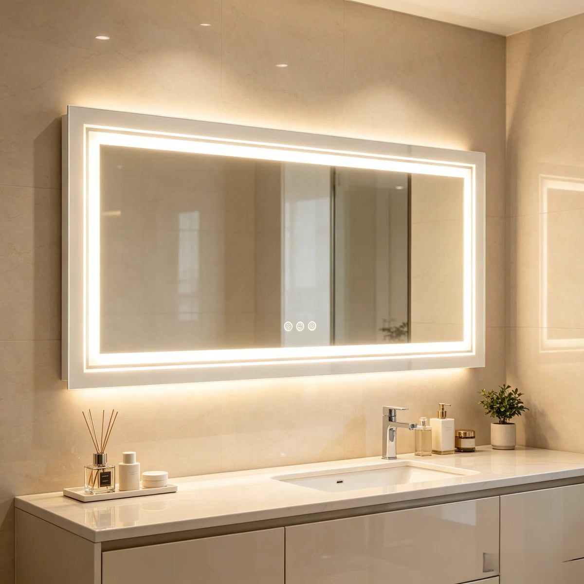 Large front and backlit LED anti-fog mirror glowing above a cream bathroom vanity