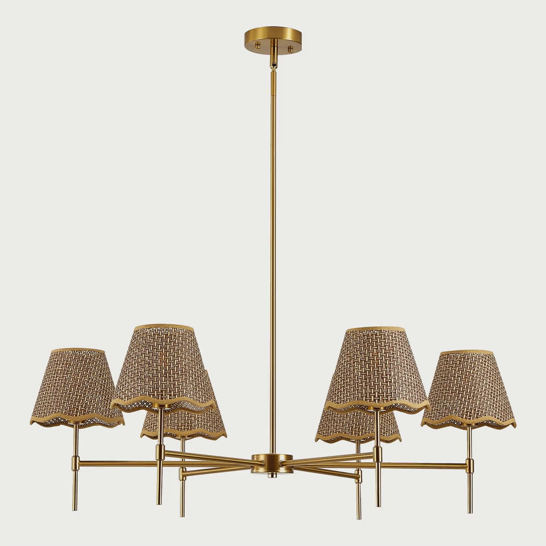 Slow cinematic tour of the six-light gold chandelier with woven shades from real product photography