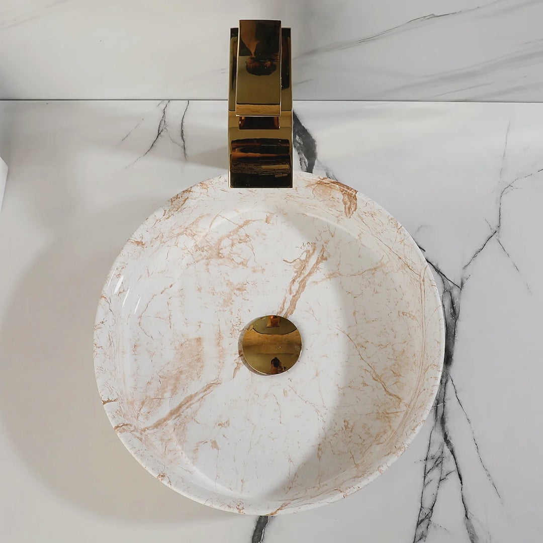 Slow cinematic tour of the white marble-look ceramic vessel sink with gold faucet from real product photography